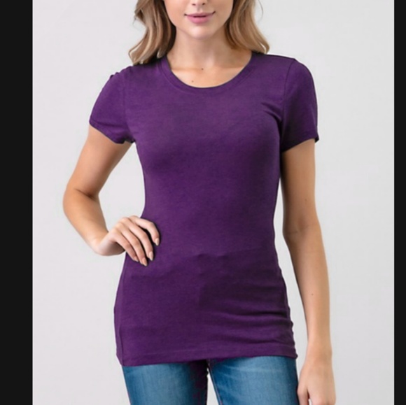 Purple round neck short sleeve crew basic casual cotton solid fitted Tshirt top - Picture 1 of 2